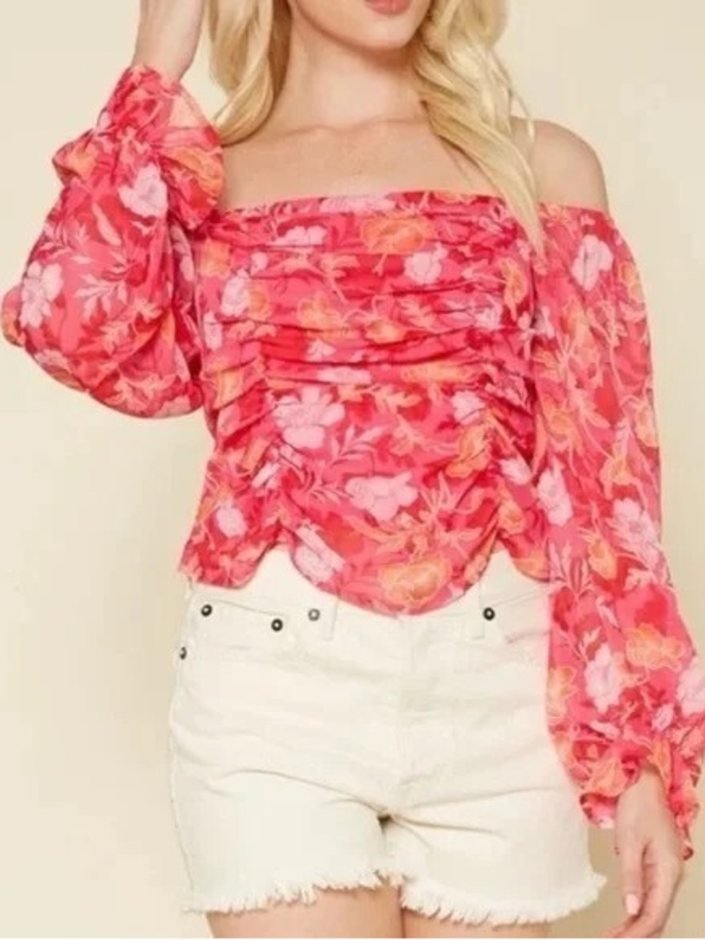 NWT Pleione Pink Floral Off-Shoulder Ruched Blouse - Size Large